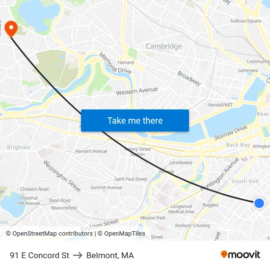 91 E Concord St to Belmont, MA map