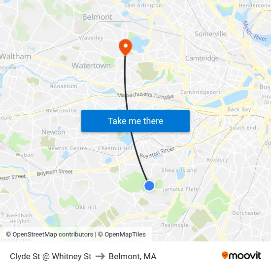 Clyde St @ Whitney St to Belmont, MA map