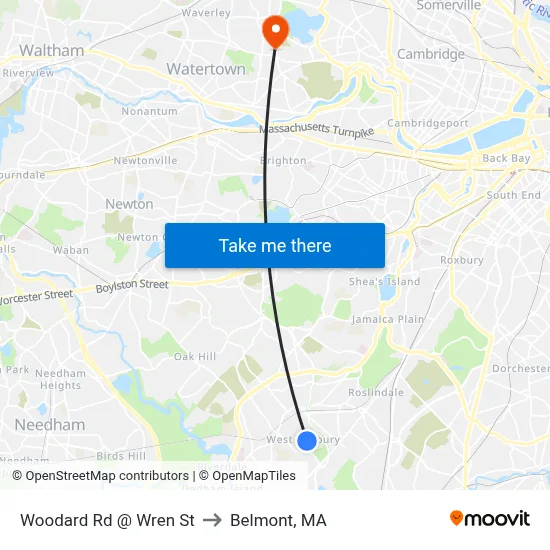 Woodard Rd @ Wren St to Belmont, MA map