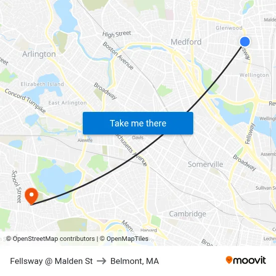 Fellsway @ Malden St to Belmont, MA map