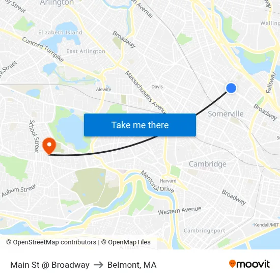 Main St @ Broadway to Belmont, MA map