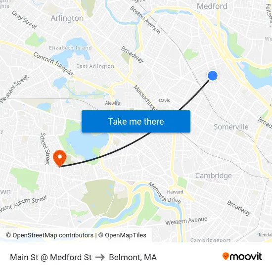 Main St @ Medford St to Belmont, MA map