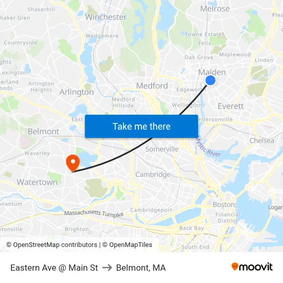 Eastern Ave @ Main St to Belmont, MA map