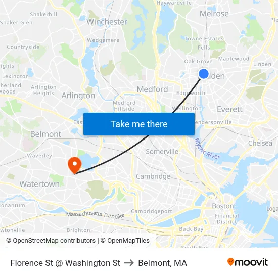 Florence St @ Washington St to Belmont, MA map
