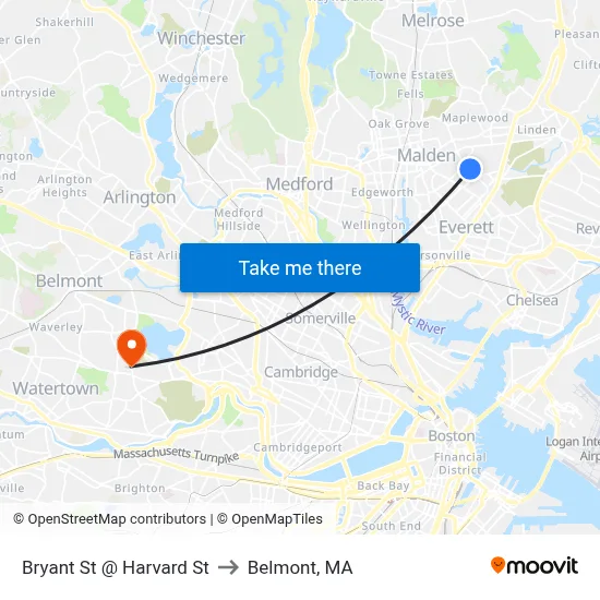 Bryant St @ Harvard St to Belmont, MA map