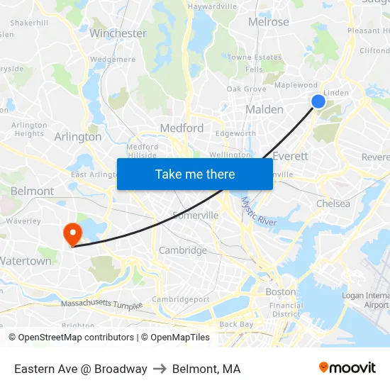 Eastern Ave @ Broadway to Belmont, MA map