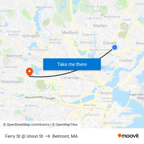 Ferry St @ Union St to Belmont, MA map