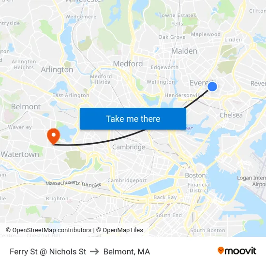 Ferry St @ Nichols St to Belmont, MA map