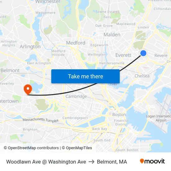 Woodlawn Ave @ Washington Ave to Belmont, MA map