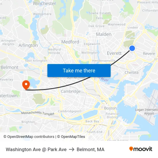 Washington Ave @ Park Ave to Belmont, MA map