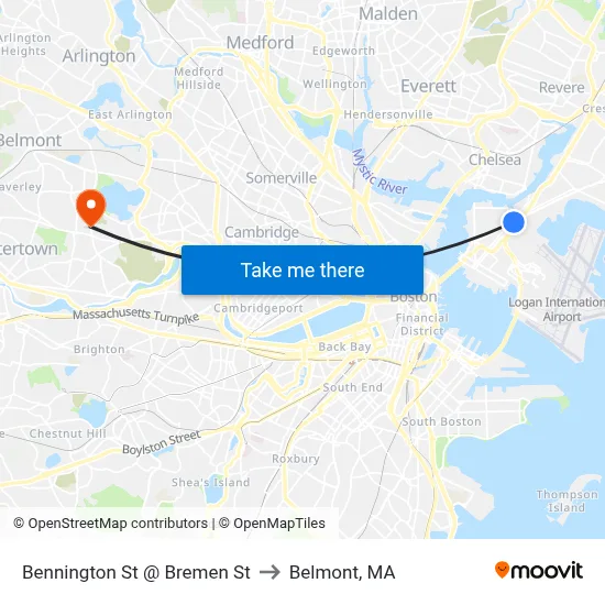 Bennington St @ Bremen St to Belmont, MA map