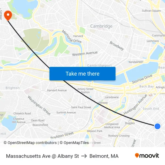 Massachusetts Ave @ Albany St to Belmont, MA map