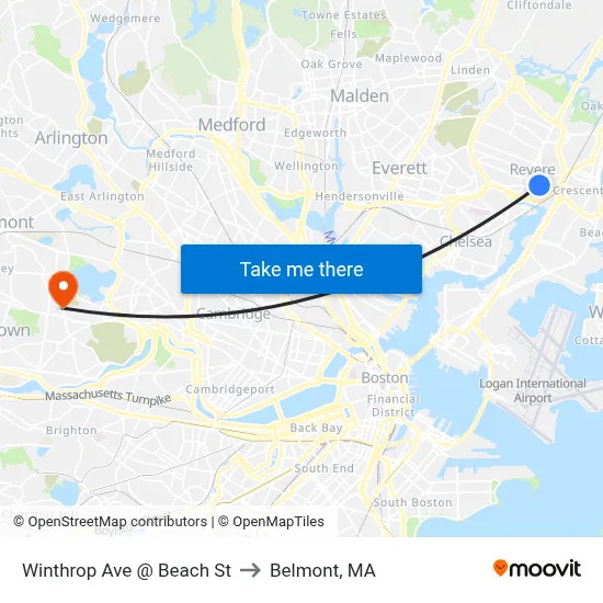 Winthrop Ave @ Beach St to Belmont, MA map