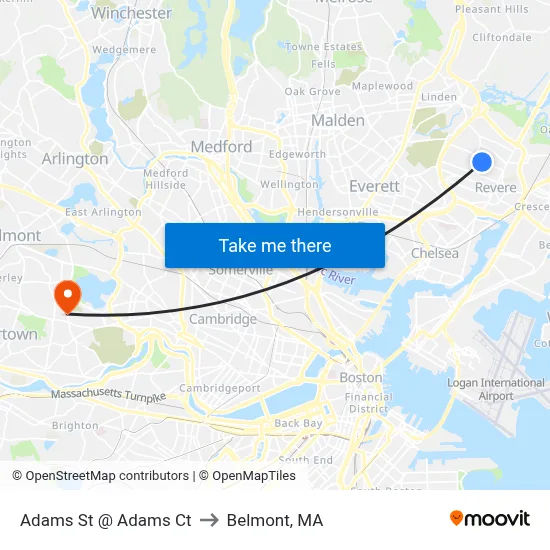 Adams St @ Adams Ct to Belmont, MA map