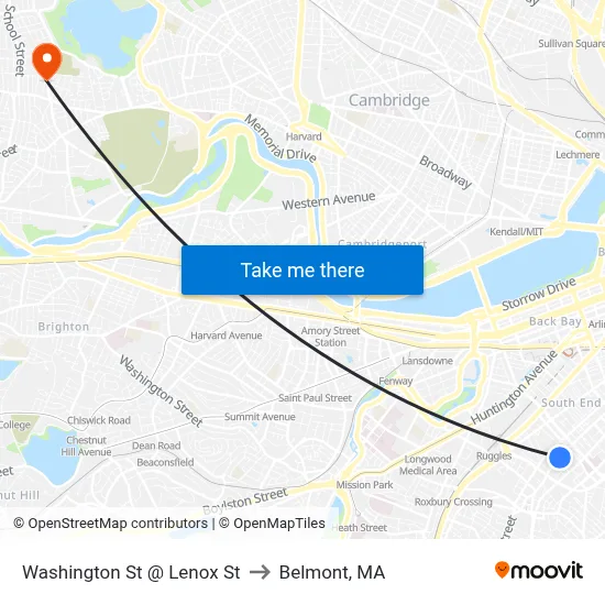 Washington St @ Lenox St to Belmont, MA map