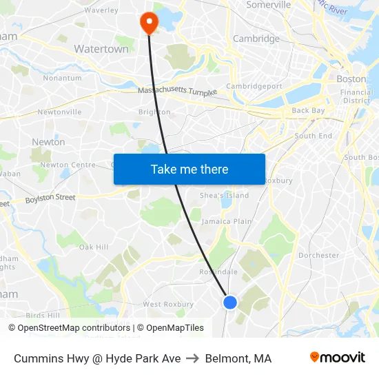 Cummins Hwy @ Hyde Park Ave to Belmont, MA map