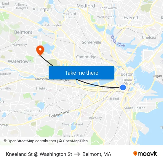Kneeland St @ Washington St to Belmont, MA map