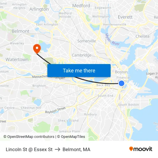 Lincoln St @ Essex St to Belmont, MA map
