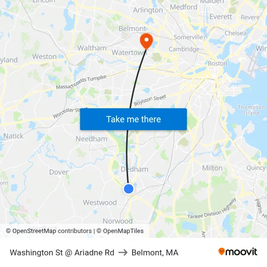 Washington St @ Ariadne Rd to Belmont, MA map