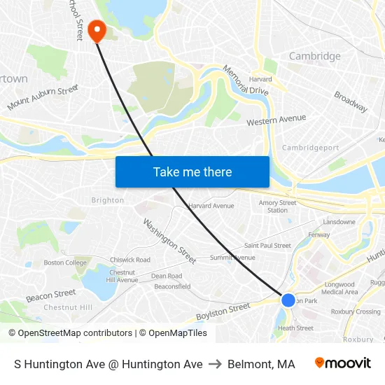 S Huntington Ave @ Huntington Ave to Belmont, MA map