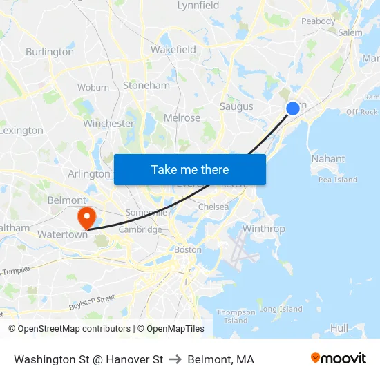 Washington St @ Hanover St to Belmont, MA map