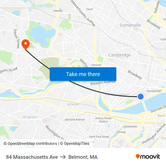 84 Massachusetts Ave to Belmont, MA map