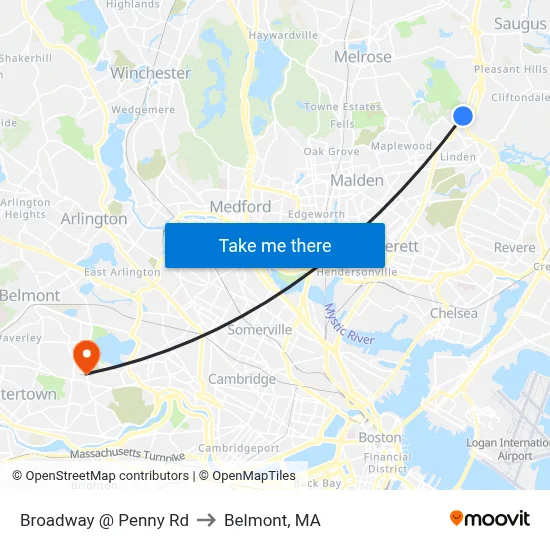 Broadway @ Penny Rd to Belmont, MA map