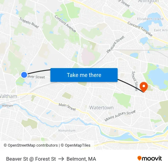 Beaver St @ Forest St to Belmont, MA map