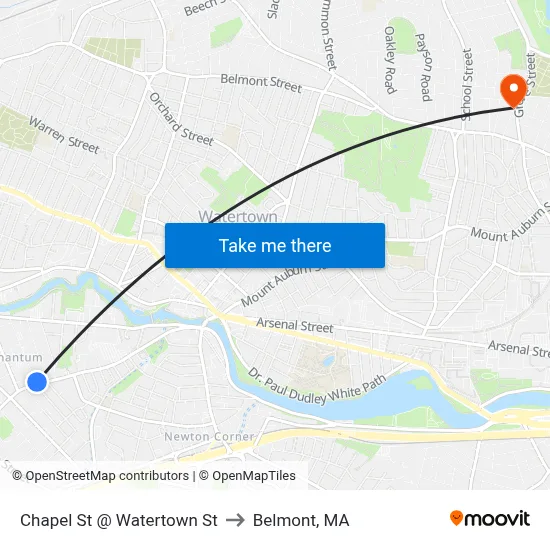 Chapel St @ Watertown St to Belmont, MA map
