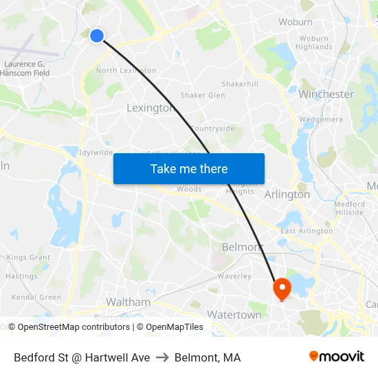Bedford St @ Hartwell Ave to Belmont, MA map