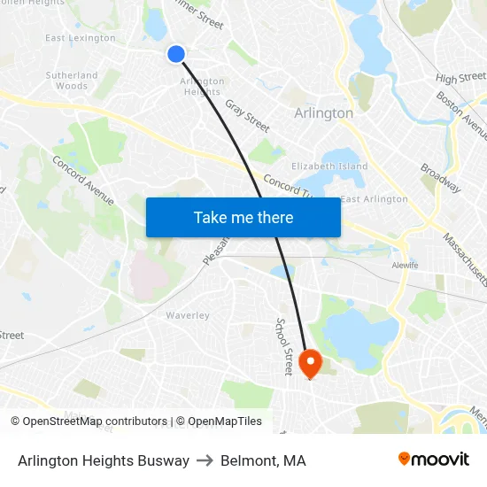 Arlington Heights Busway to Belmont, MA map