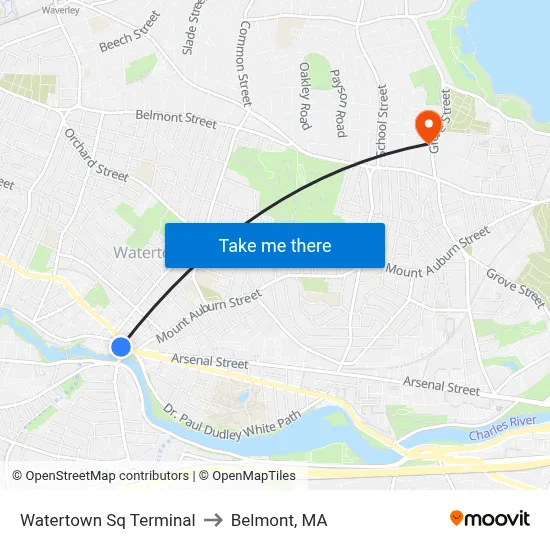 Watertown Sq Terminal to Belmont, MA map