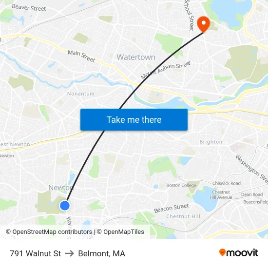791 Walnut St to Belmont, MA map