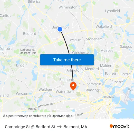 Cambridge St @ Bedford St to Belmont, MA map