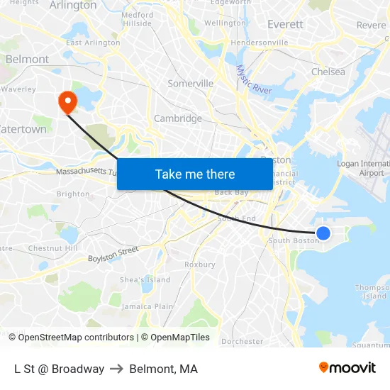 L St @ Broadway to Belmont, MA map
