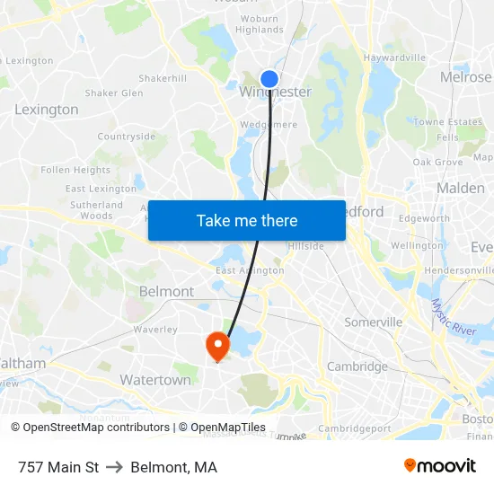 757 Main St to Belmont, MA map