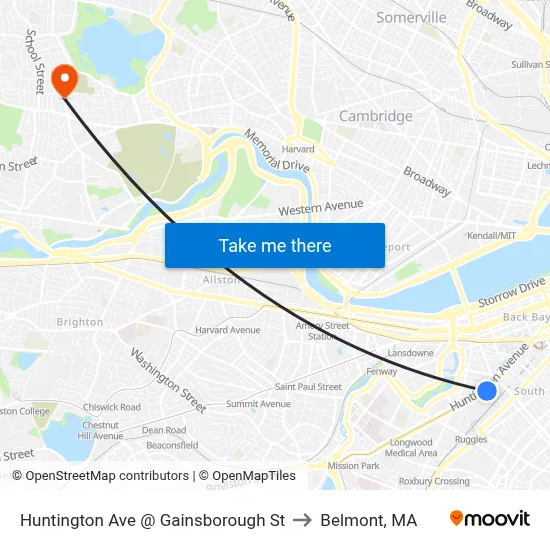 Huntington Ave @ Gainsborough St to Belmont, MA map