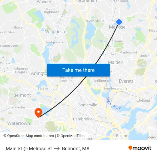 Main St @ Melrose St to Belmont, MA map