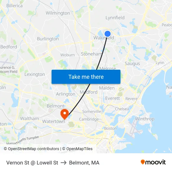 Vernon St @ Lowell St to Belmont, MA map