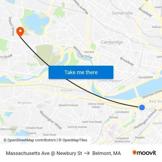 Massachusetts Ave @ Newbury St to Belmont, MA map