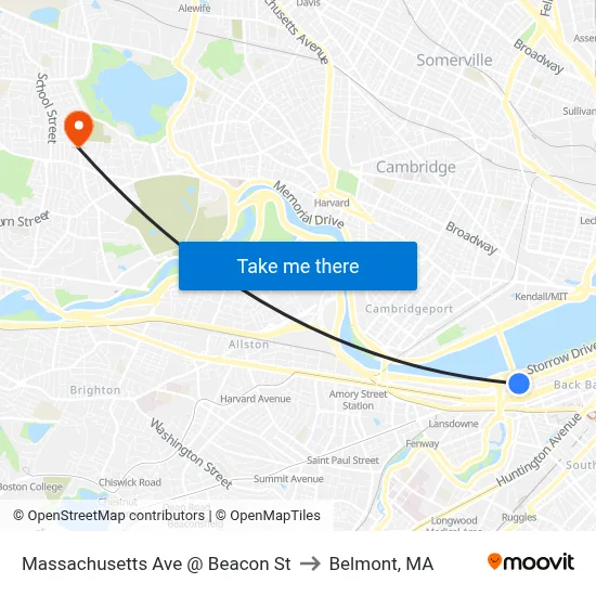 Massachusetts Ave @ Beacon St to Belmont, MA map