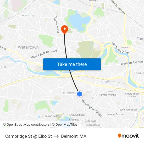 Cambridge St @ Elko St to Belmont, MA map