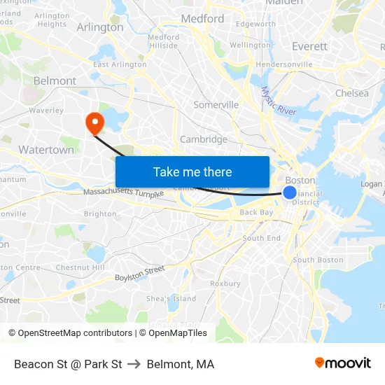 Beacon St @ Park St to Belmont, MA map