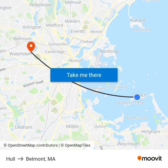 Hull to Belmont, MA map