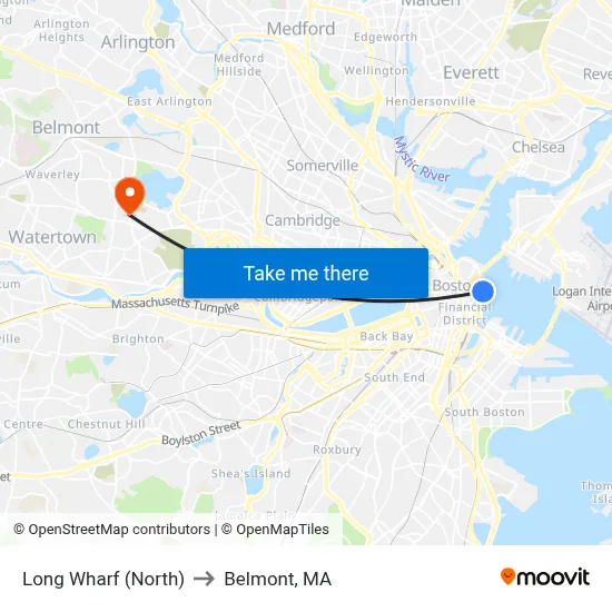 Long Wharf (North) to Belmont, MA map