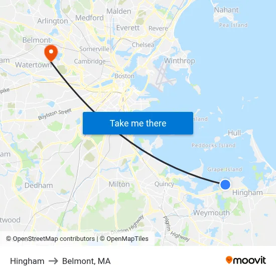 Hingham to Belmont, MA map