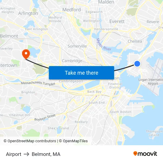 Airport to Belmont, MA map