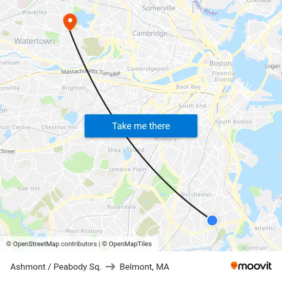 Ashmont / Peabody Sq. to Belmont, MA map