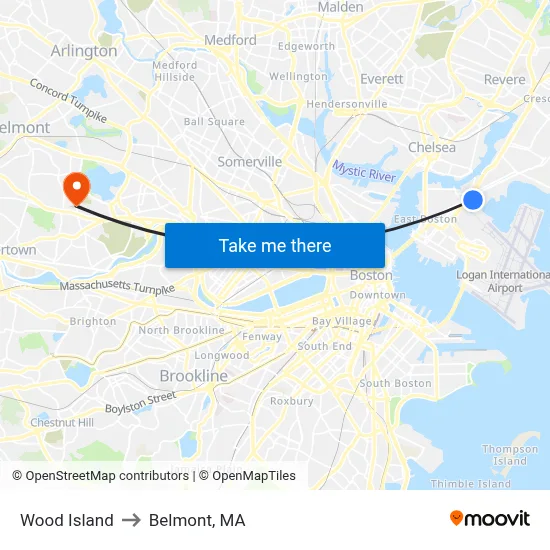 Wood Island to Belmont, MA map