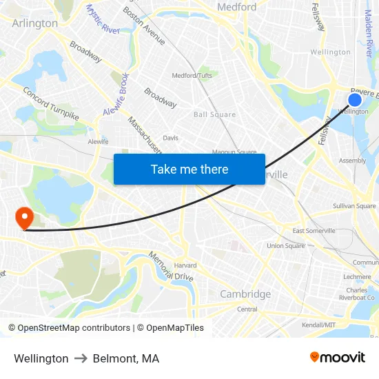 Wellington to Belmont, MA map